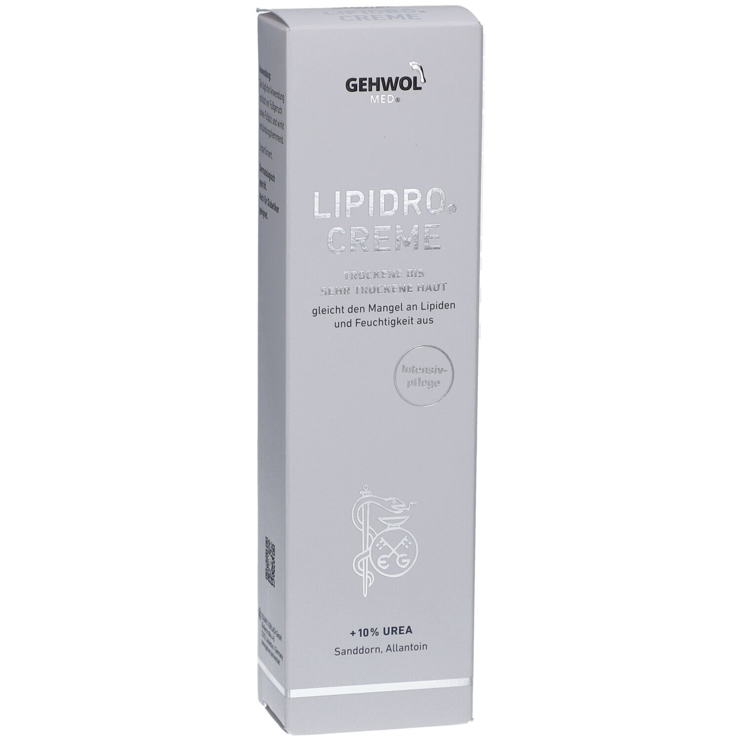 GEHWOL MED Lipidro Creme-Verpackung. Graue Schachtel mit Produktnamen und Inhaltsangaben. Enthält 10% Urea.