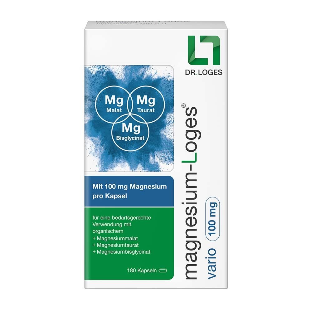 Schachtel mit Magnesium-Loges vario 100 mg. Aufdruck mit Inhaltsstoffen und Dosierung. 180 Kapseln.