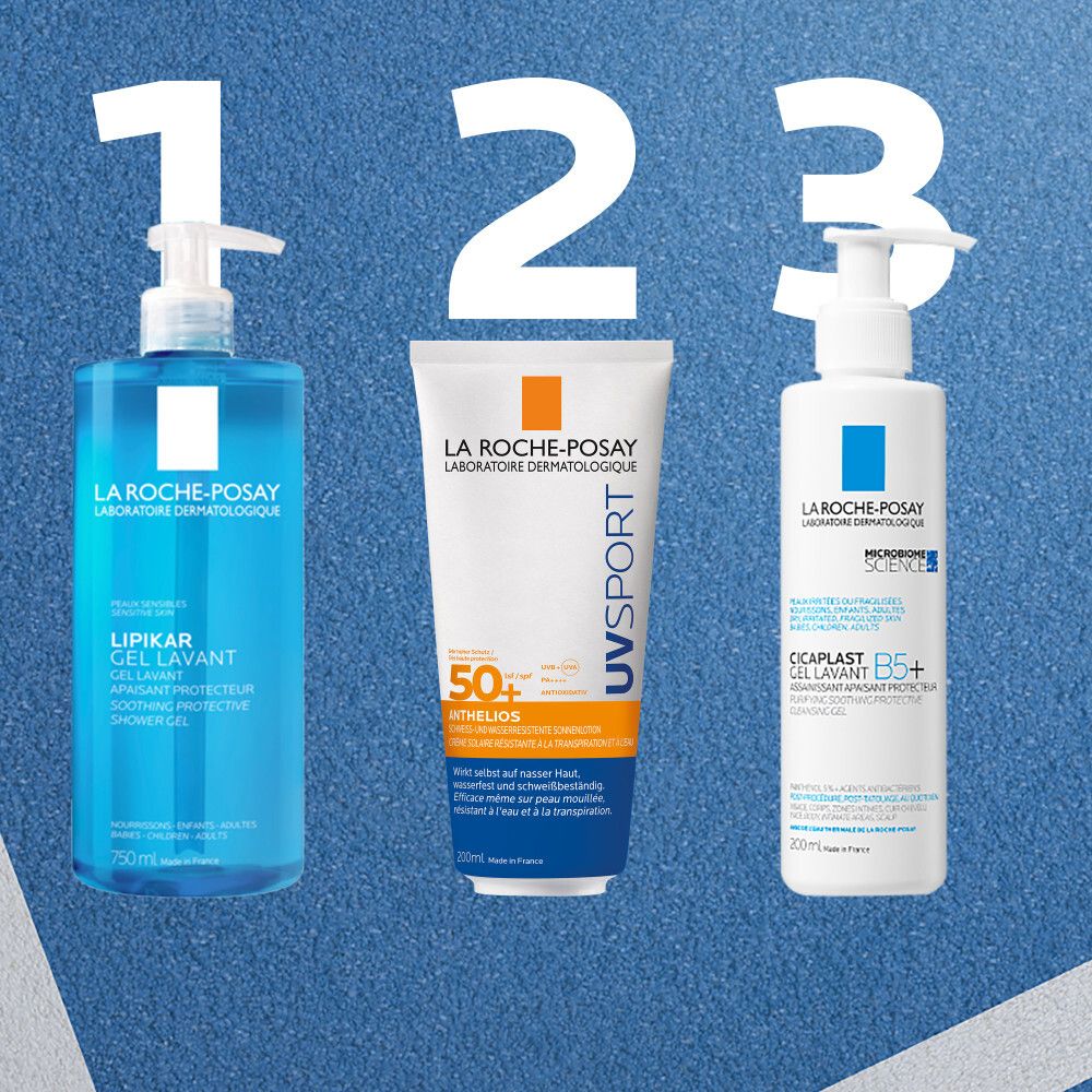 La Roche-Posay Produkte: Lipikar Gel Lavant (750ml), Anthelios UVsport (200ml), Cicaplast Gel Lavant B5+.