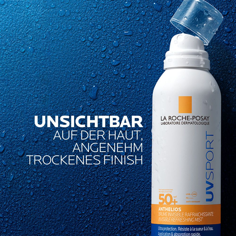 La Roche Posay Anthelios UV Sport Spray LSF 50+. Unsichtbar auf der Haut, angenehmes trockenes Finish. Auf nassem Untergrund.