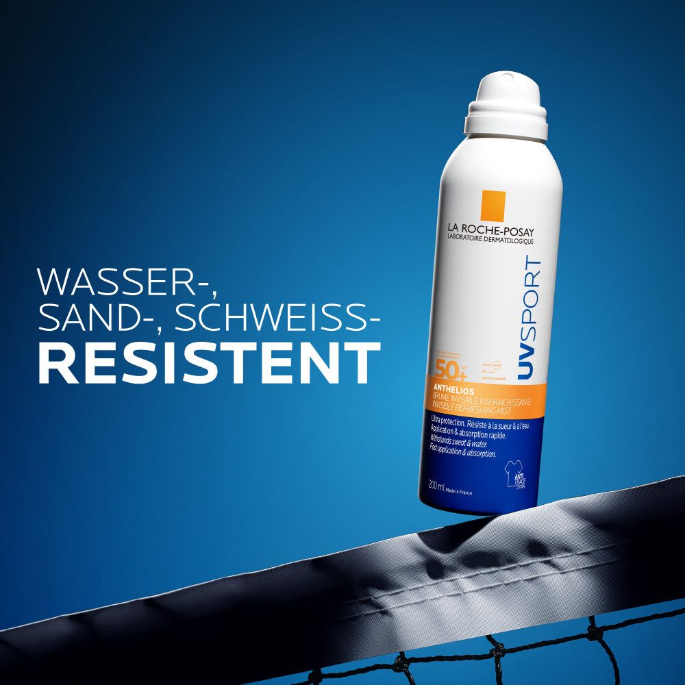 La Roche Posay Anthelios UV Sport Spray LSF 50+. Wasser-, sand- und schweißresistent. Über einem Netz.