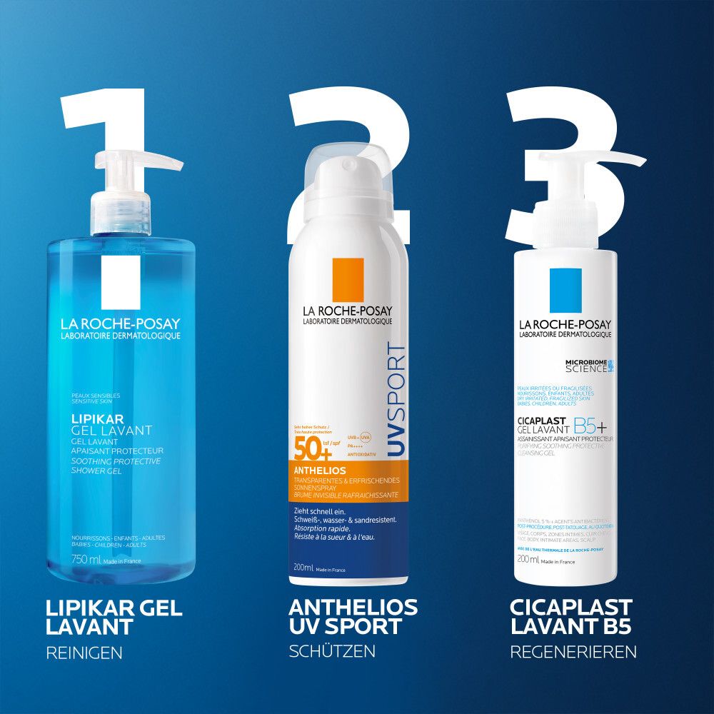 La Roche Posay Hautpflegeprodukte: Lipikar Gel Lavant, Anthelios UV Sport Spray, Cicaplast Lavant B5.