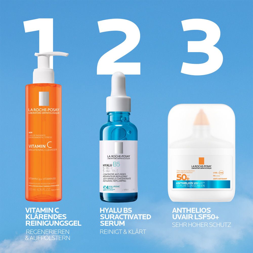 La Roche Posay Hautpflege-Routine: Reinigungsgel, Hyalu B5 Serum, Anthelios UV Air LSF 50+.