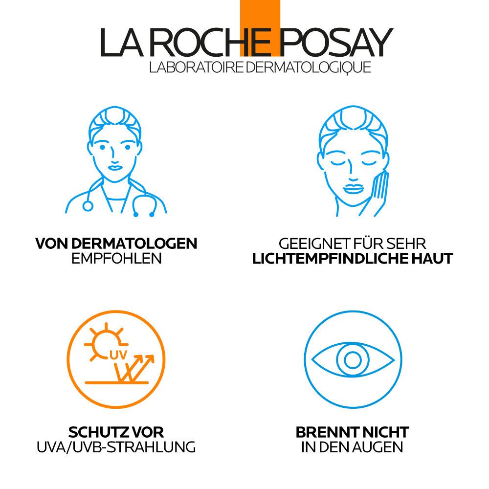 La Roche Posay: Von Dermatologen empfohlen, für sehr lichtempfindliche Haut, UV-Schutz, brennt nicht in Augen.