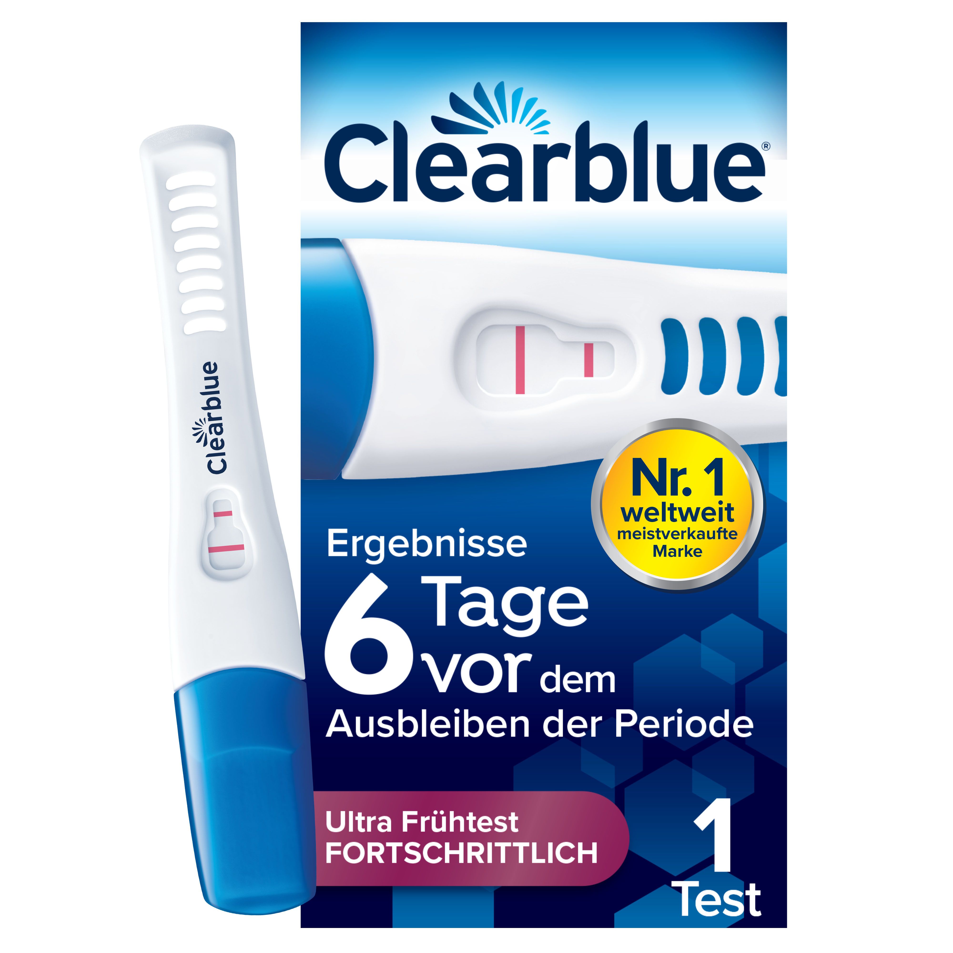 Schwangerschaftstest Clearblue. Teststab und Verpackung. Ergebnis bis 6 Tage vor Fälligkeit.