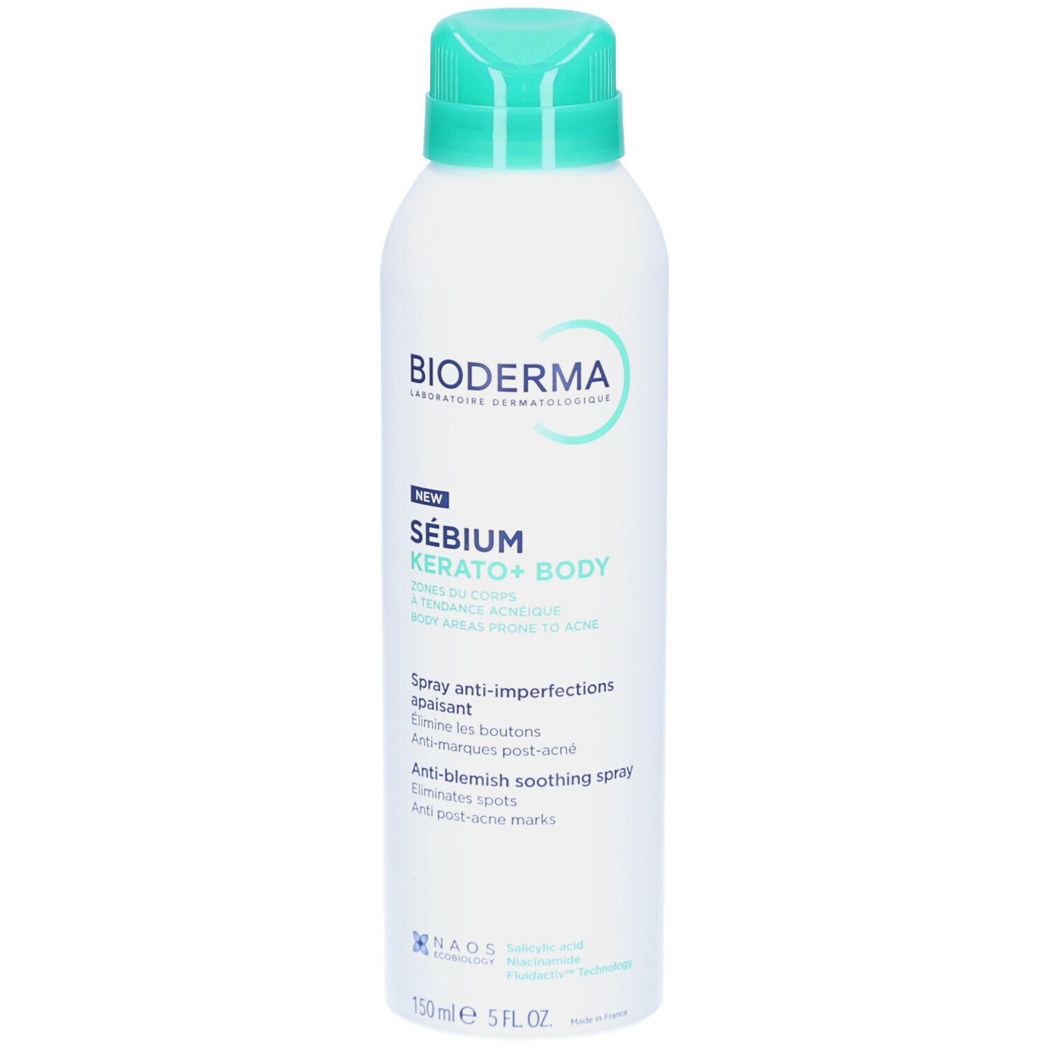 BIODERMA Sébium Kerato+ Body Spray. Weiße Flasche mit grünem Sprühkopf. Text: Anti-Unreinheiten Spray, reduziert Pickel und Narben.