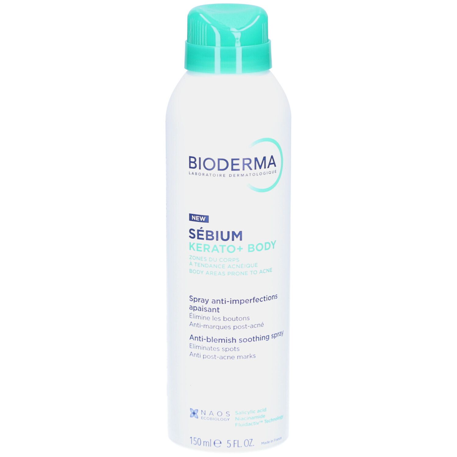 BIODERMA Sébium Kerato+ Body Spray. Weiße Flasche mit grünem Sprühkopf. Text: Anti-Unreinheiten Spray, reduziert Pickel und Narben.
