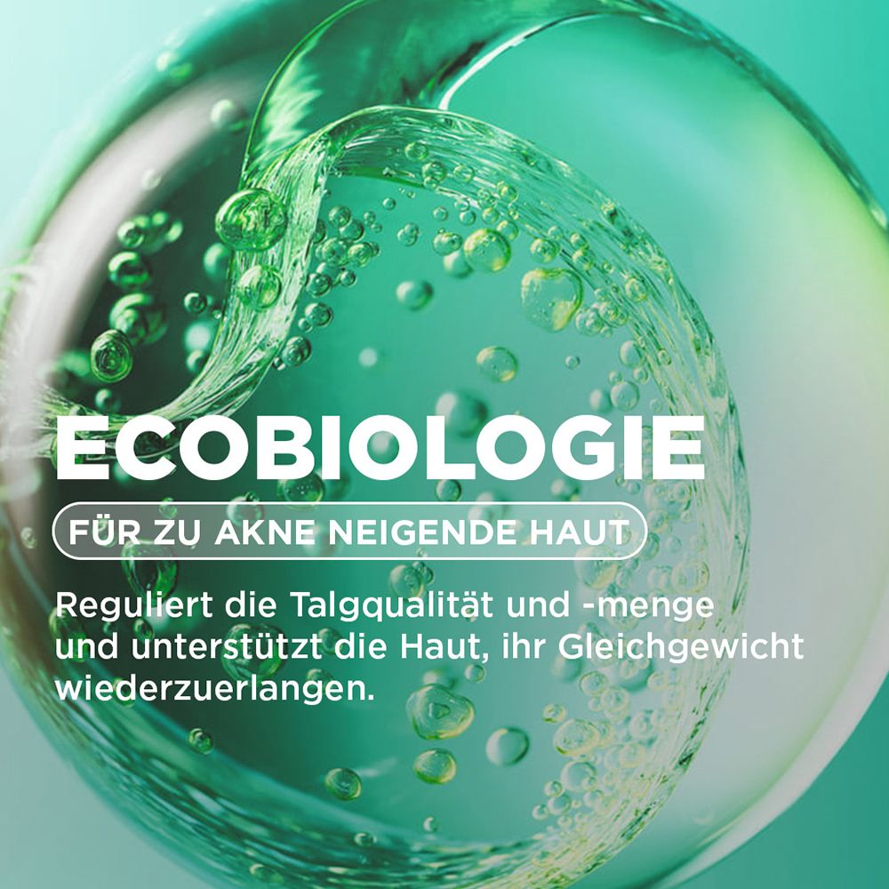Abstraktes grünes Blasenmuster mit Text "ECOBIOLOGIE FÜR ZU AKNE NEIGENDE HAUT".