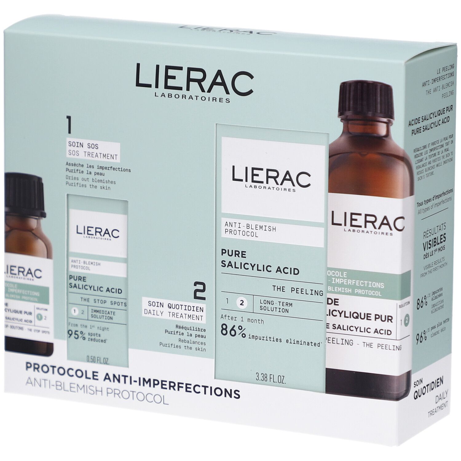 Verpackung mit zwei Flaschen und einem Fläschchen. Beschriftung: LIERAC, PROTOCOLE ANTI-IMPERFECTIONS, ANTI-BLEMISH PROTOCOL.