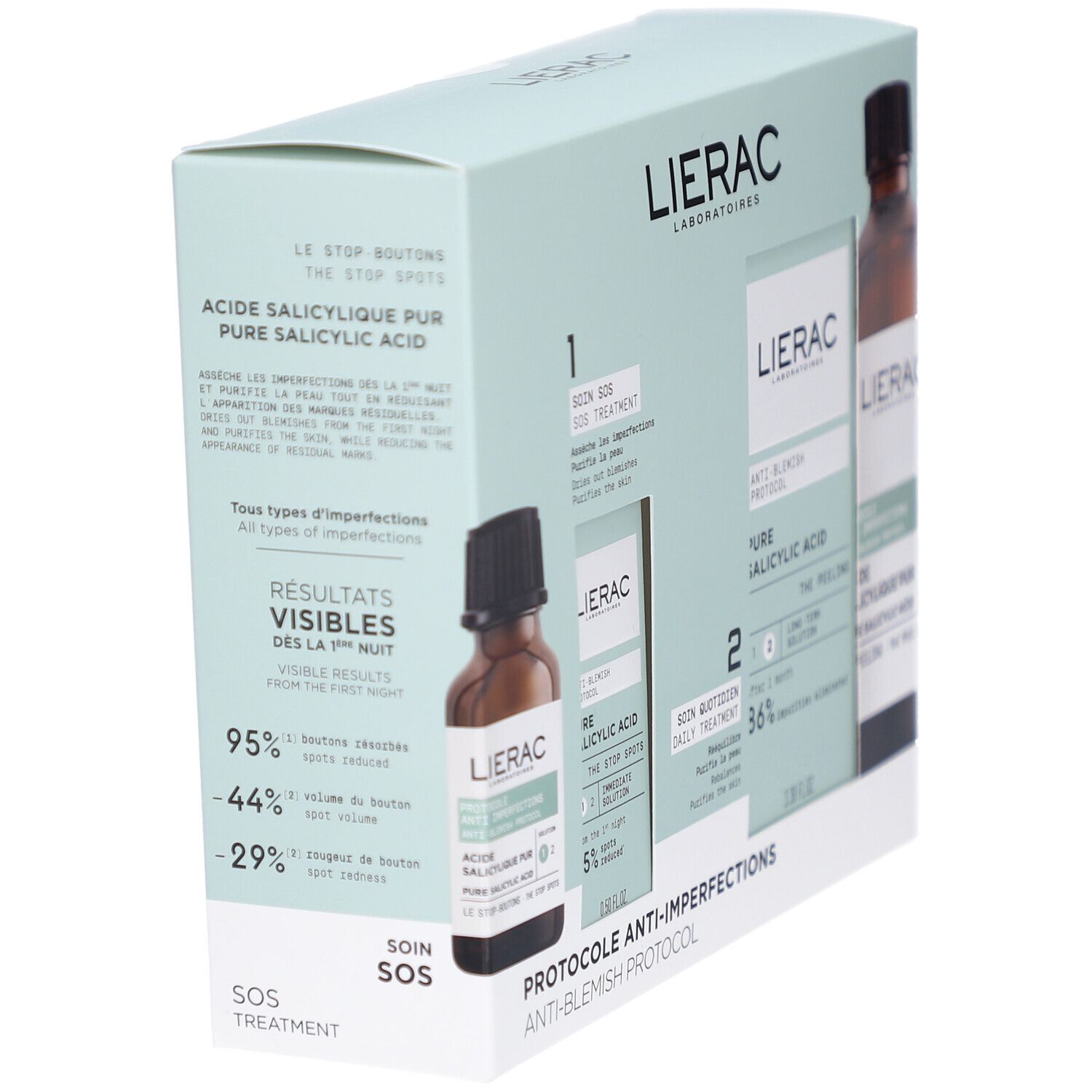Schräg gestellte Verpackung mit Flaschen. Beschriftung: LIERAC, ACIDE SALICYLIQUE PUR, SOS TREATMENT, Ergebnisse nach der ersten Nacht.