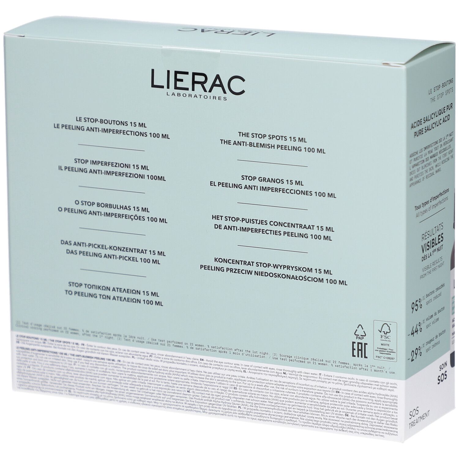 Rückseite der Verpackung. Text in mehreren Sprachen. Beschriftung: LIERAC, STOP-Pickel-Konzentrat, Peeling Anti-Unreinheiten.