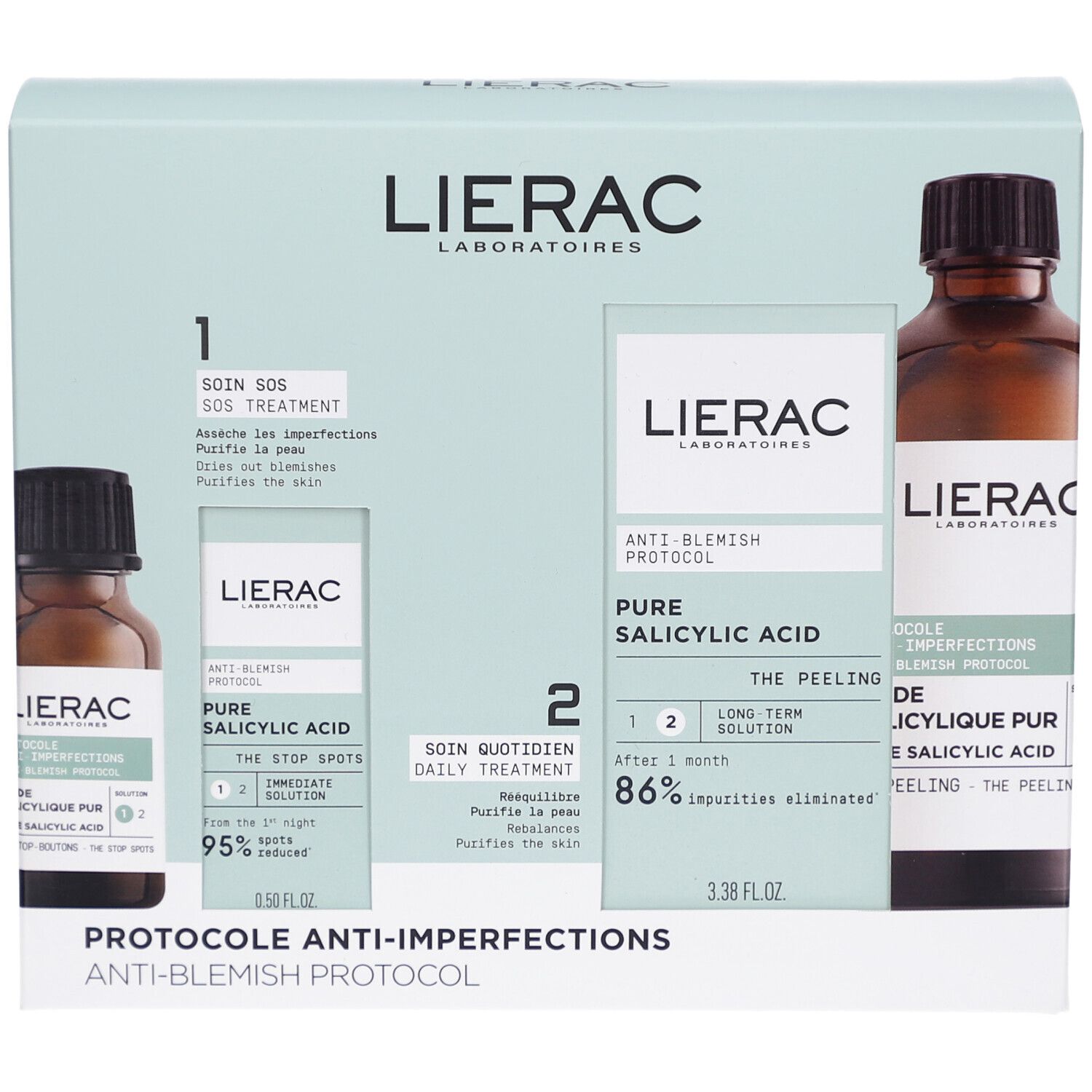 Verpackung mit zwei Flaschen und einem Fläschchen. Beschriftung: LIERAC, PROTOCOLE ANTI-IMPERFECTIONS, ANTI-BLEMISH PROTOCOL.
