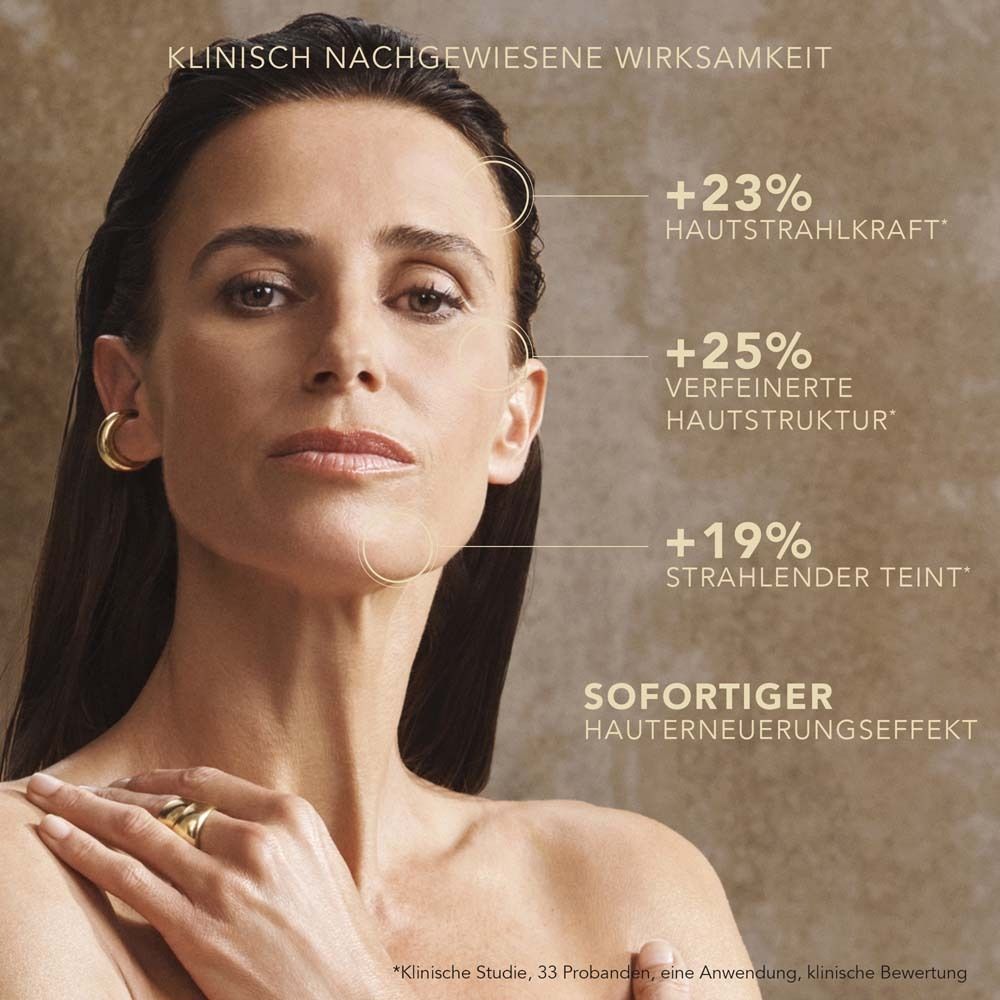 Frau mit Hautanalyse-Diagramm. Text: +23% Hautstrahlkraft, +25% verfeinerte Hautstruktur, +19% strahlender Teint.