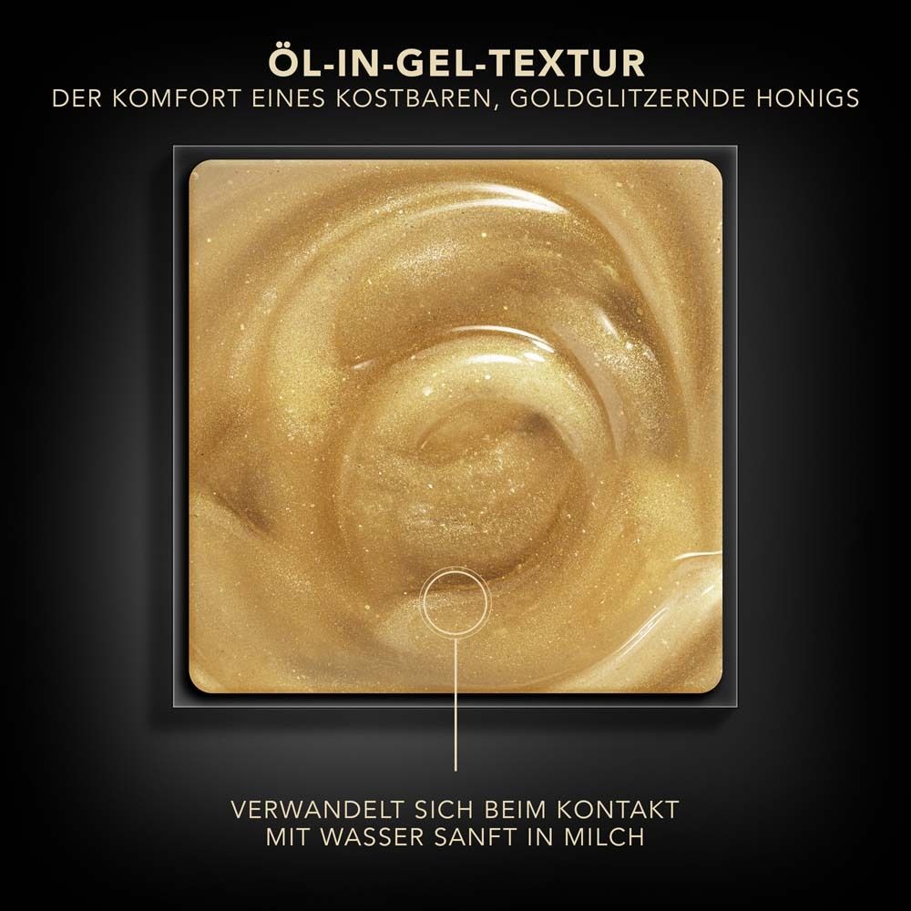 Nahaufnahme der Öl-in-Gel-Textur. Goldglitzernde Honigtextur. Text: Verwandelt sich bei Kontakt mit Wasser in Milch.