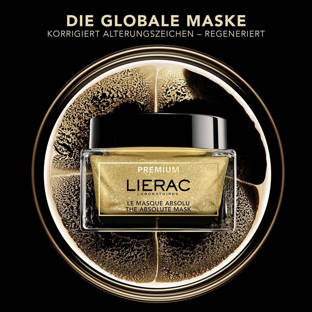 Glasbehälter mit goldfarbener Maske. Schwarzer Deckel. Text: LIERAC, PREMIUM, LE MASQUE ABSOLU, THE ABSOLUTE MASK.