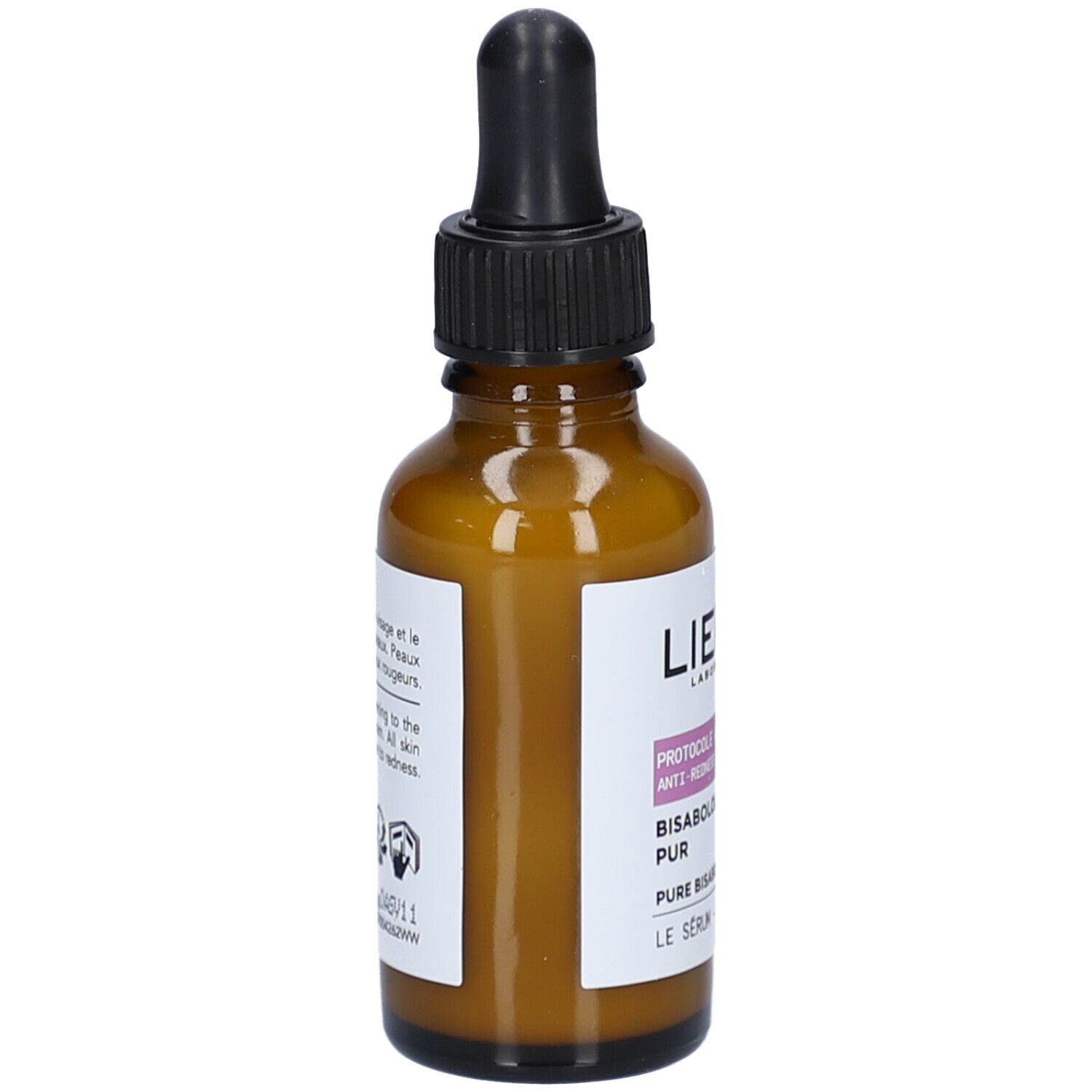 Braune Glasflasche mit schwarzem Tropfer. Etikett mit Text. Produktname nicht sichtbar.