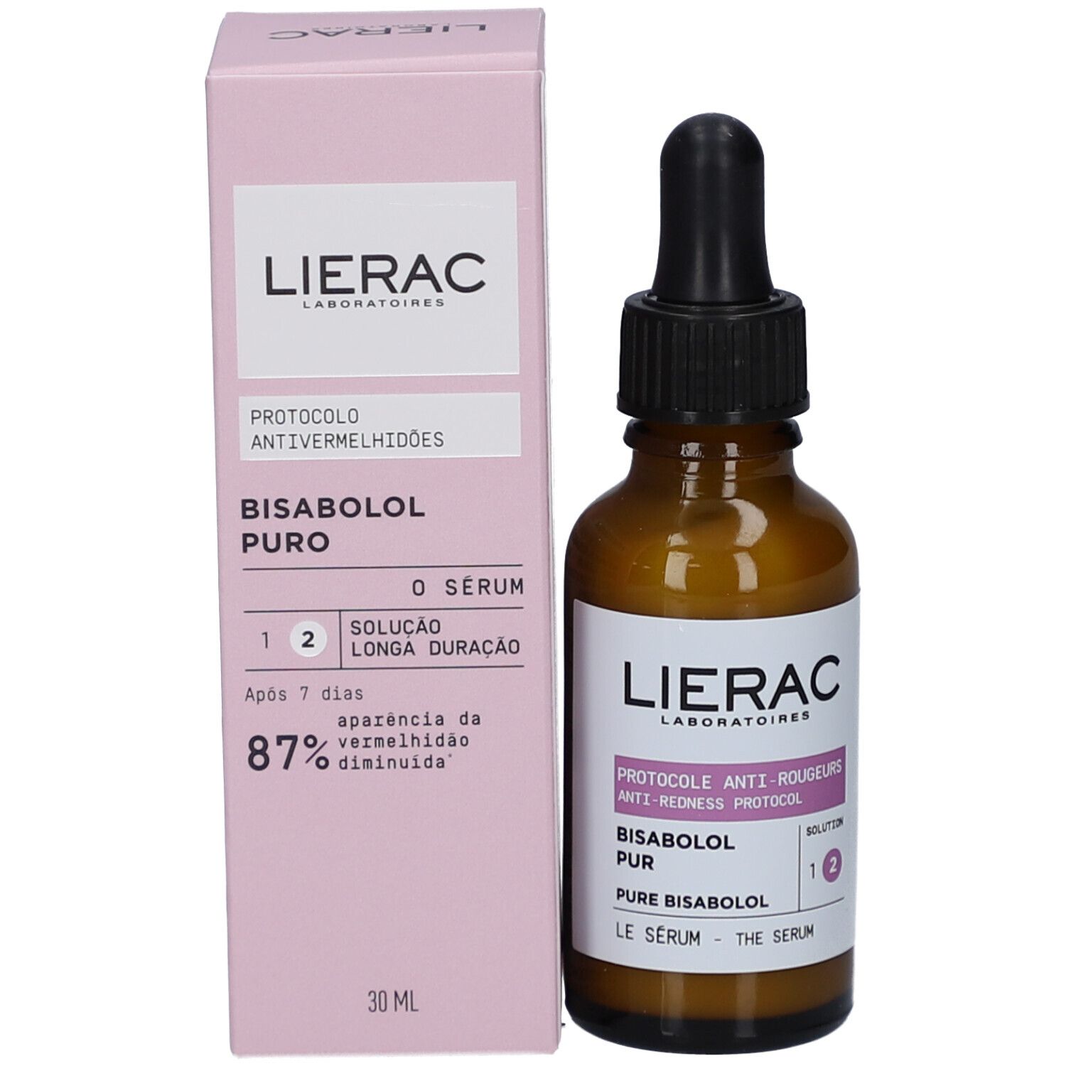 Produktflasche und Verpackung. Rosa Verpackung mit Produktnamen und Logo. Braune Flasche mit Tropfer.