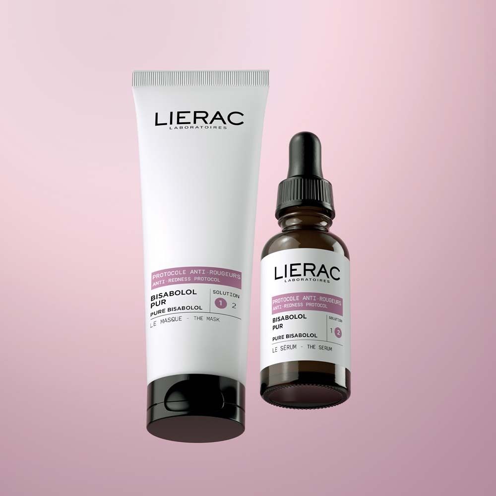 Zwei Produkte: Tube und Flasche. Tube: weiß, LIERAC, Le Masque. Flasche: braun, LIERAC, Serum.