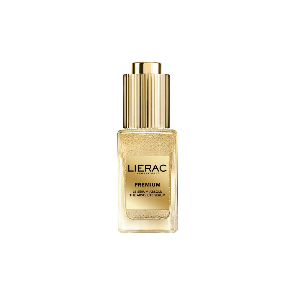 Goldfarbene Serumflasche mit goldfarbenem Deckel. Aufschrift: LIERAC, PREMIUM, Le Sérum Absolu, The Absolute Serum.