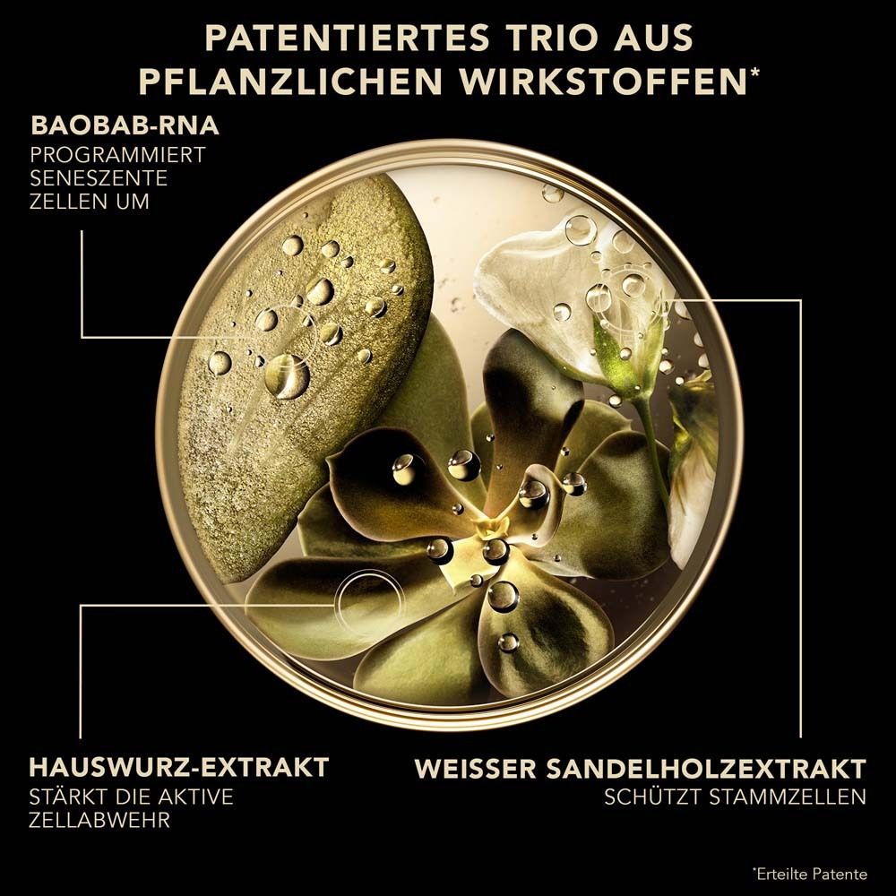 Grafik mit pflanzlichen Wirkstoffen. Text: PATENTIERTES TRIO AUS PFLANZLICHEN WIRKSTOFFEN. Baobab-RNA, Hauswurz-Extrakt, Weißer Sandelholzextrakt.
