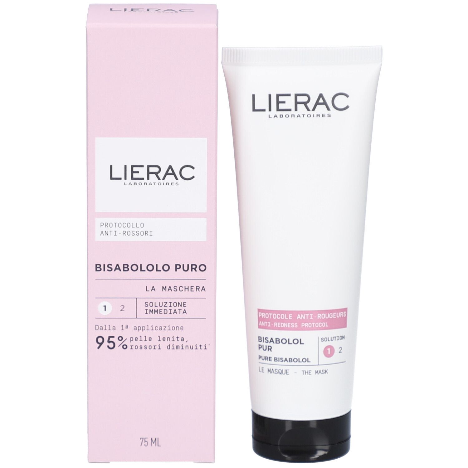 Produkt und Verpackung. Weiße Tube und rosa Schachtel. Aufschrift: LIERAC, PROTOCOLO ANTI ROUGEURS, BISABOLOL PURO.