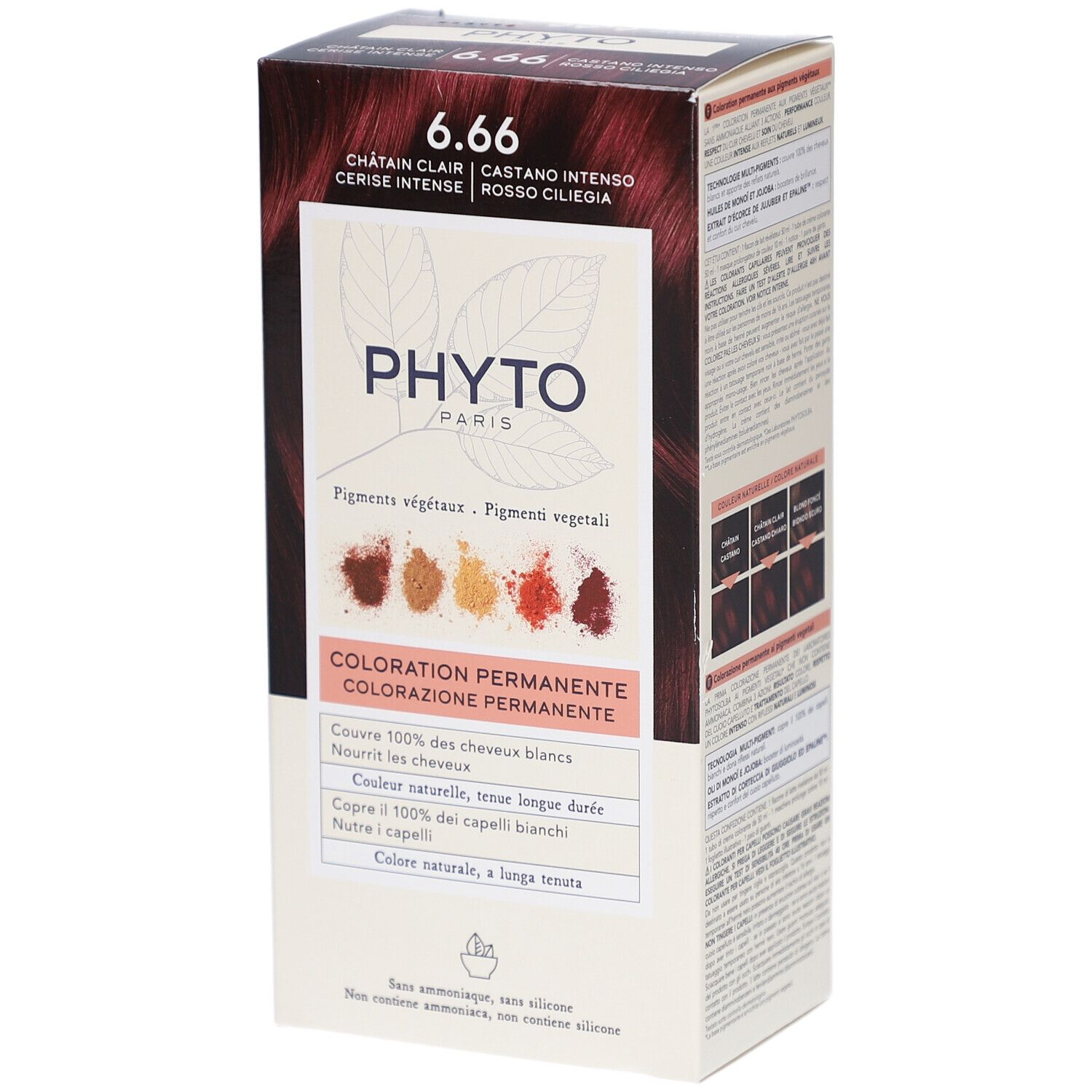 Verpackung von PHYTOCOLOR 6.66. Aufschrift: 6.66, Châtain clair, Cerise intense. Logo PHYTO PARIS. Permanente Coloration.