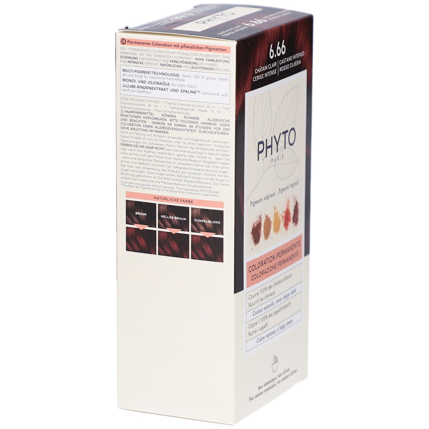 Verpackung von PHYTOCOLOR 6.66. Aufschrift: 6.66, Châtain clair, Cerise intense. Logo PHYTO PARIS. Permanente Coloration. Rückseite.