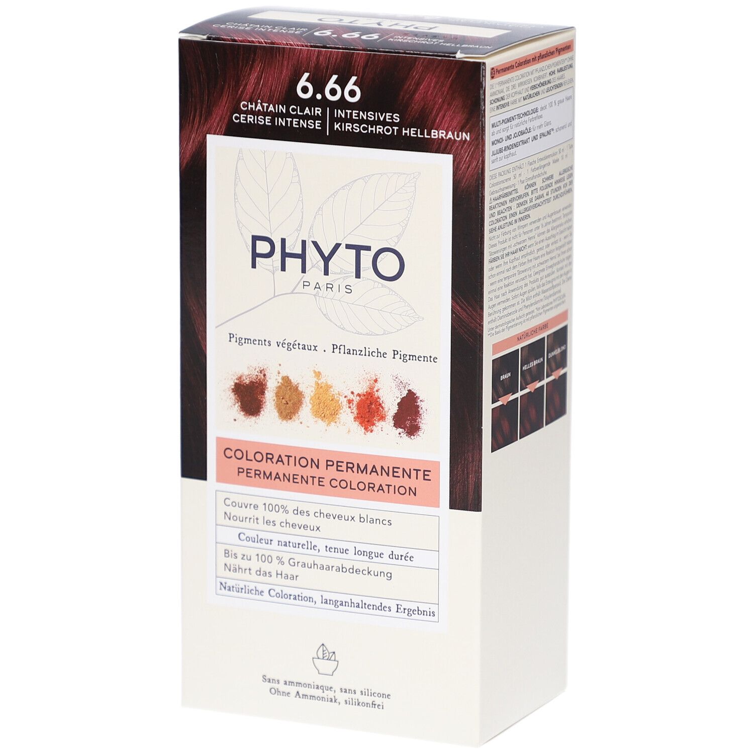 Verpackung von PHYTOCOLOR 6.66. Aufschrift: 6.66, Kirschrot hellbraun. Logo PHYTO PARIS. Permanente Coloration. Vorderseite.