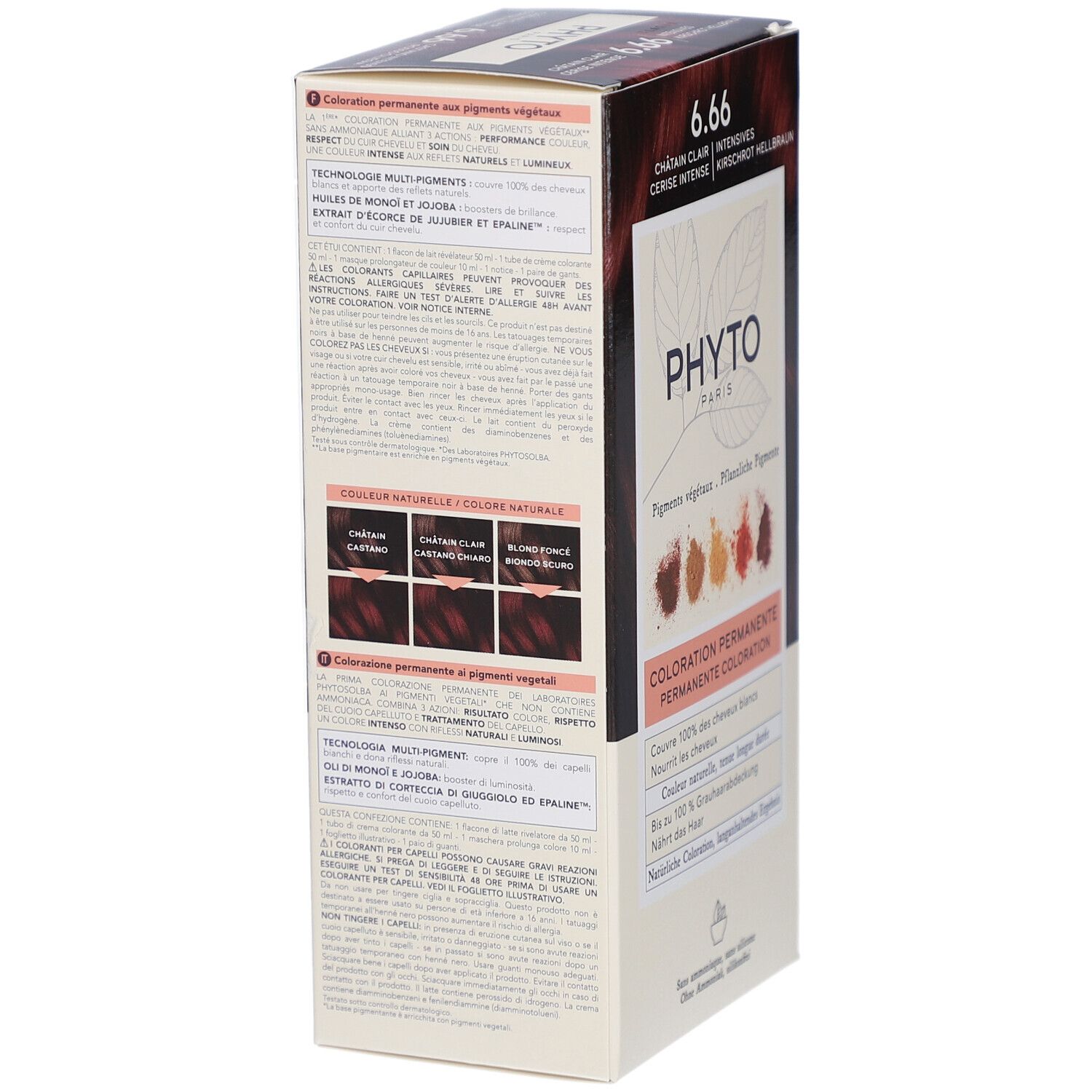 Verpackung von PHYTOCOLOR 6.66. Aufschrift: 6.66, Kirschrot hellbraun. Logo PHYTO PARIS. Permanente Coloration. Rückseite.
