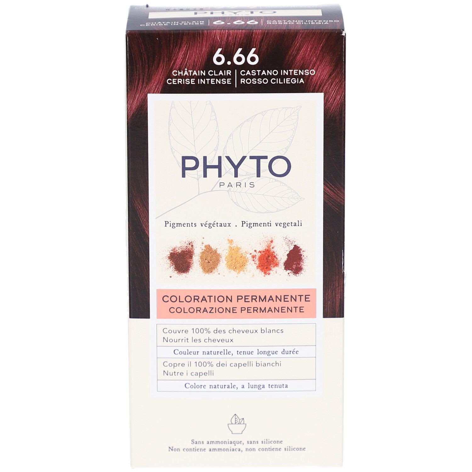 Verpackung von PHYTOCOLOR 6.66. Aufschrift: 6.66, Châtain clair, Cerise intense. Logo PHYTO PARIS. Permanente Coloration.