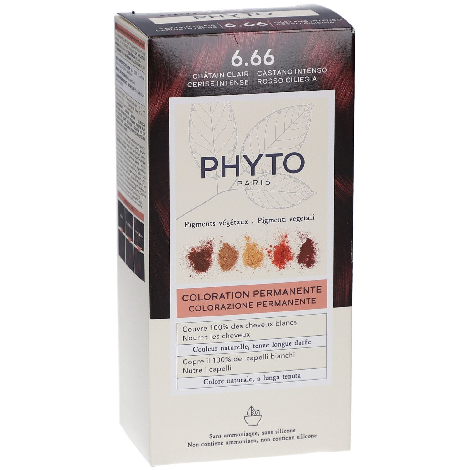 Verpackung von PHYTOCOLOR 6.66. Aufschrift: 6.66, Châtain clair, Cerise intense. Logo PHYTO PARIS. Permanente Coloration.