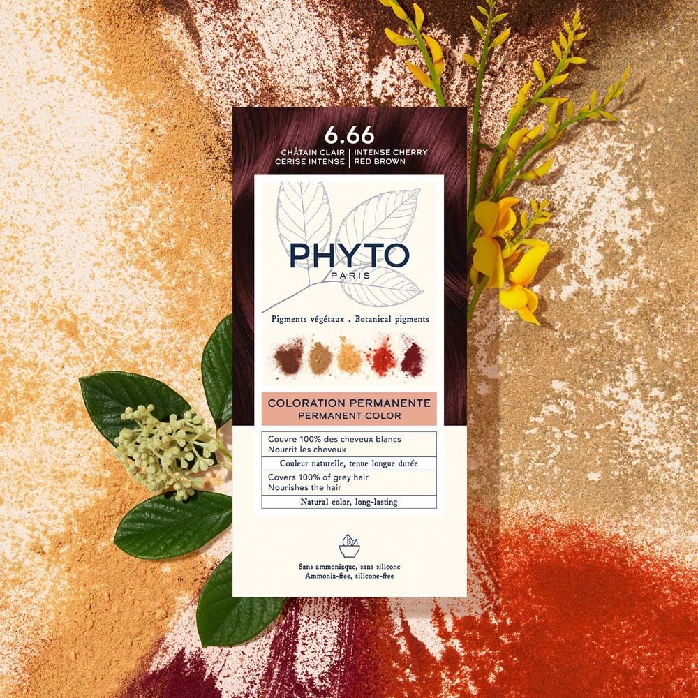 PHYTO PARIS Phytocolor 6.66 Intensives Kirschrot Hellbraun. Farbverpackung mit Produktabbildung und Text. Dekoration.