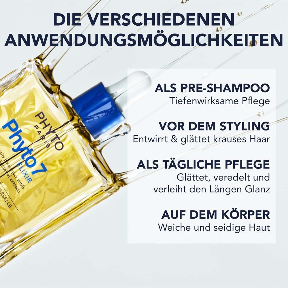 Produktabbildung: Phyto 7 Elixir. Text: Als Pre-Shampoo, vor dem Styling, als tägliche Pflege, auf dem Körper. Anwendungsbeispiele.