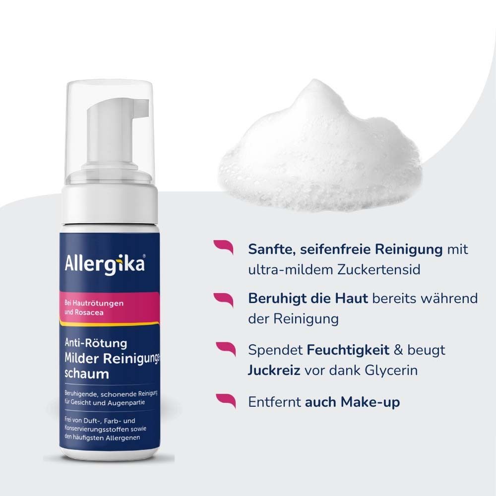Flasche mit Schaum daneben. Aufschrift Allergika, Anti-Rötung, milder Reinigungsschaum. Text: Sanfte Reinigung, beruhigt, spendet Feuchtigkeit, entfernt Make-up.