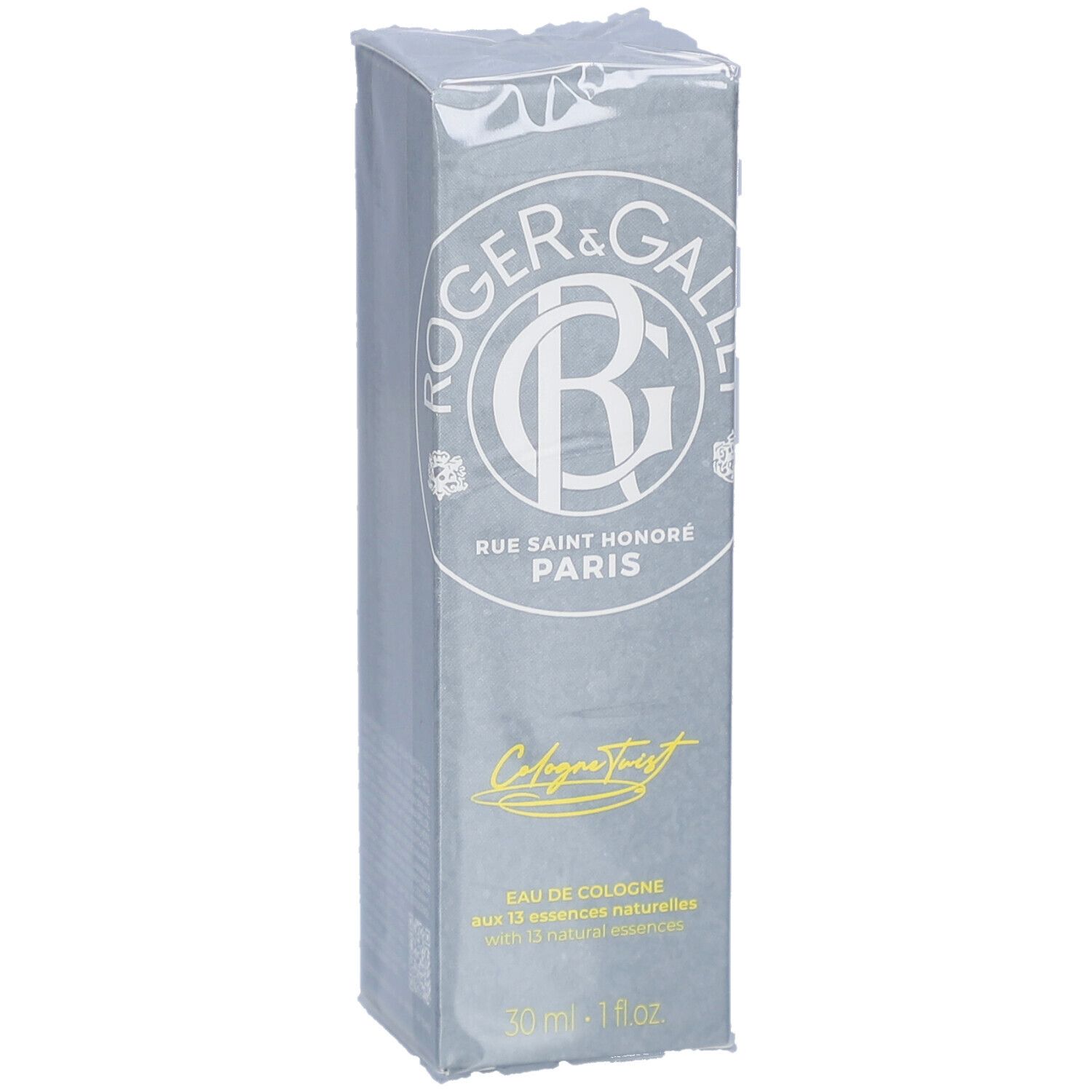 Graue Verpackung von R&G Cologne Twist Eau de Cologne Spray. Logo, Name und Produktbezeichnung.