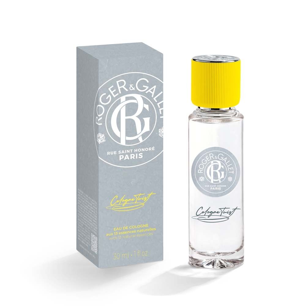 Graue Schachtel und Flakon. Aufschrift: ROGER & GALLET, Cologne Twist. Flakon mit gelbem Verschluss.