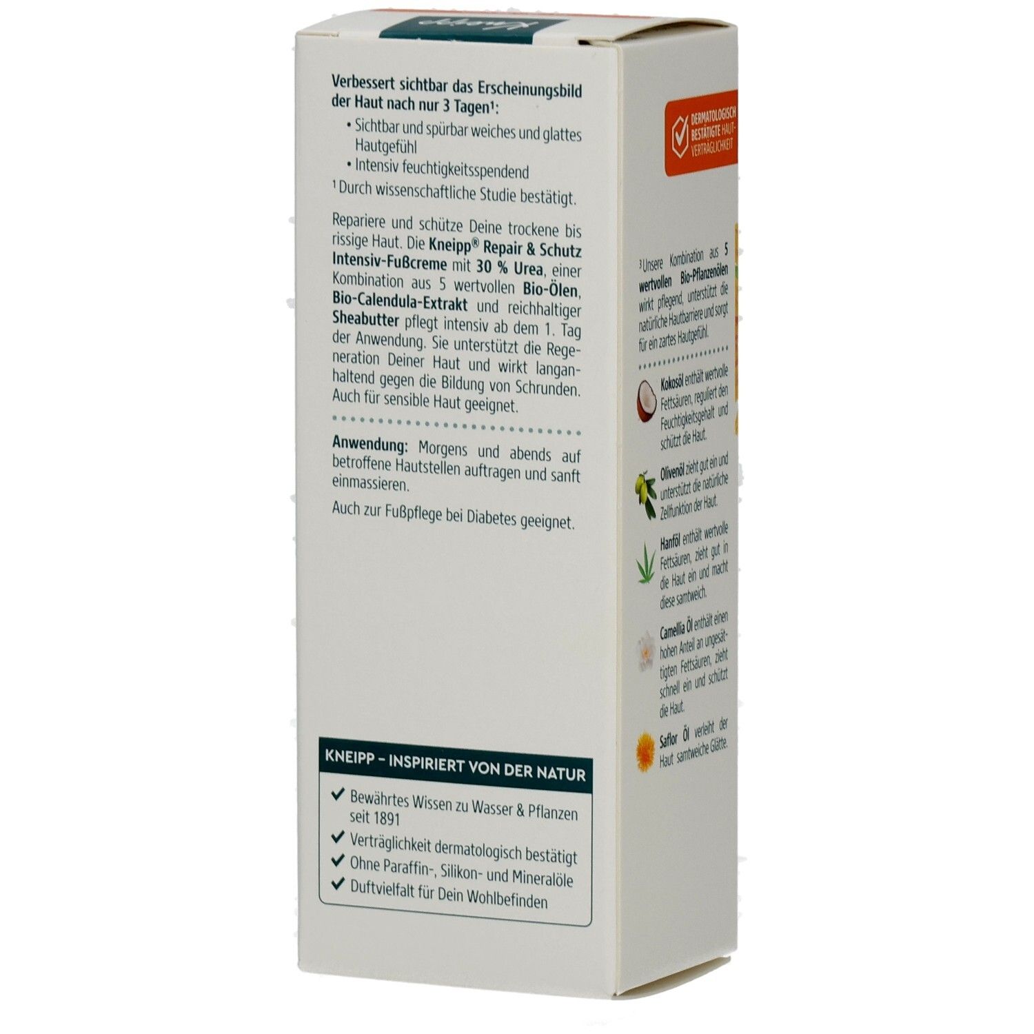 Kneipp Repair & Schutz Intensiv Fußcreme-Verpackung. Seite mit Informationen zur Anwendung und Wirkungsweise. Für sensible Haut geeignet.