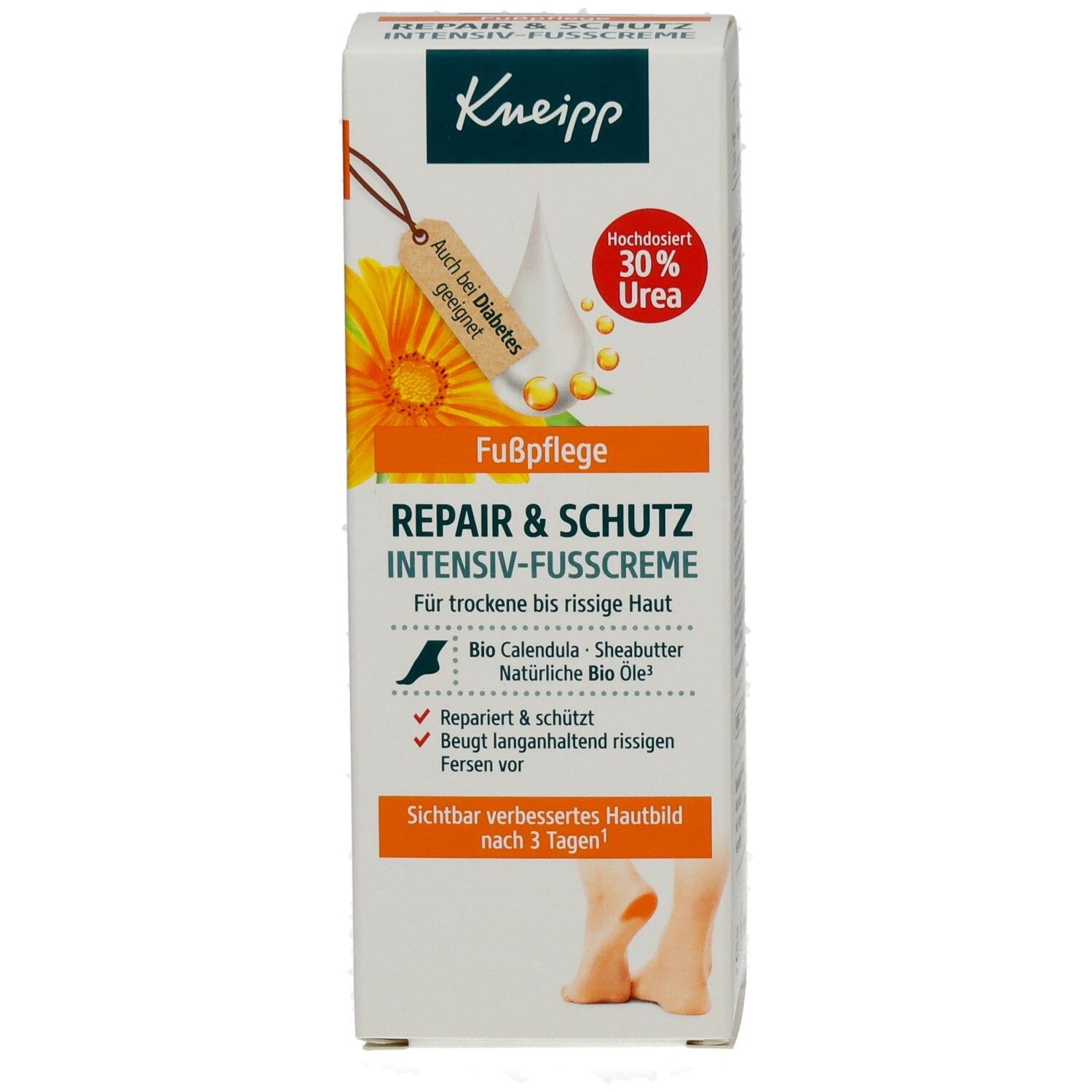 Kneipp Repair & Schutz Intensiv Fußcreme-Verpackung. Vorderseite mit Produktnamen, Inhaltsstoffen und Anwendungsbereich. Für trockene, rissige Haut.