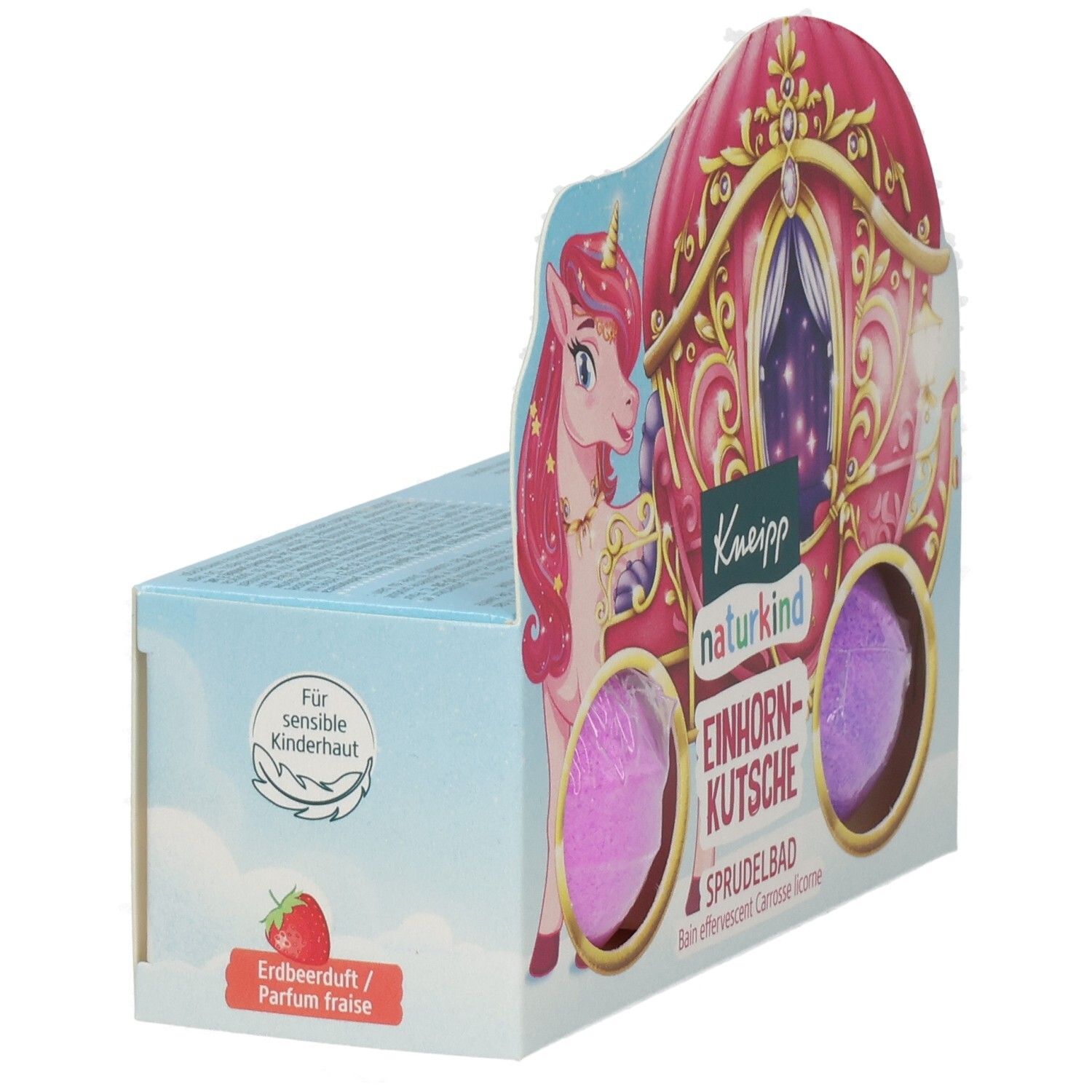 Verpackung mit zwei Sprudelbädern. Aufdruck: Einhorn-Kutsche, Kneipp naturkind. Erdbeerduft. Rosa und lila Kugeln in einer Pappschachtel.