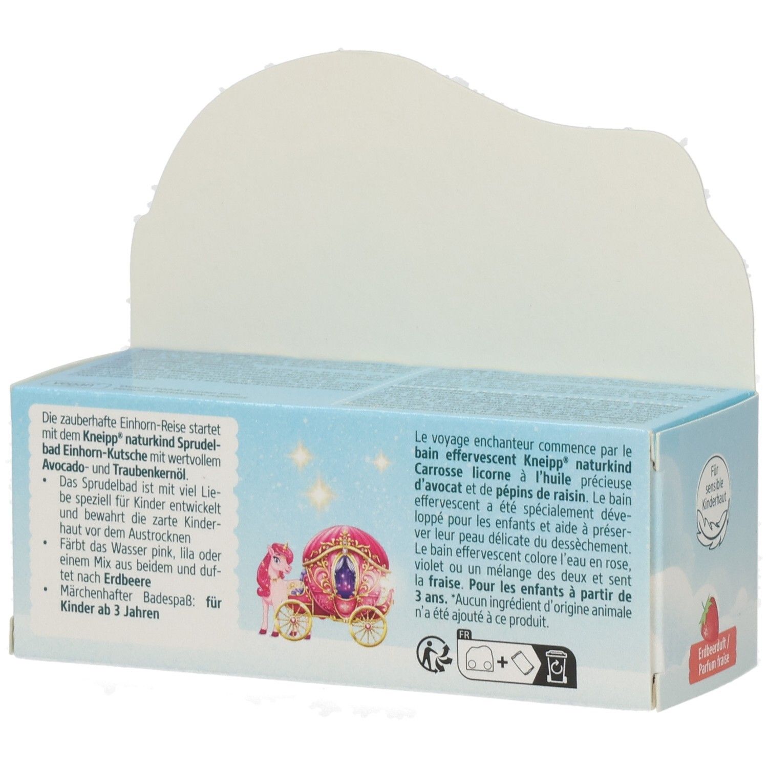 Rückseite der Verpackung mit Text. Aufdruck: Einhorn-Kutsche, Kneipp naturkind. Text in Deutsch und Französisch. Für Kinder ab 3 Jahren.