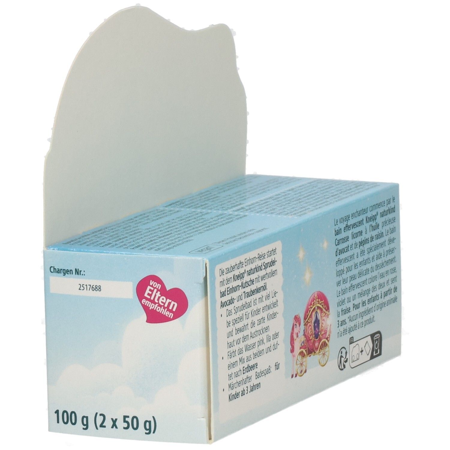 Rückseite der Verpackung mit Text. Aufdruck: Einhorn-Kutsche, Kneipp naturkind. Chargennummer und Gewicht: 100 g (2 x 50 g).