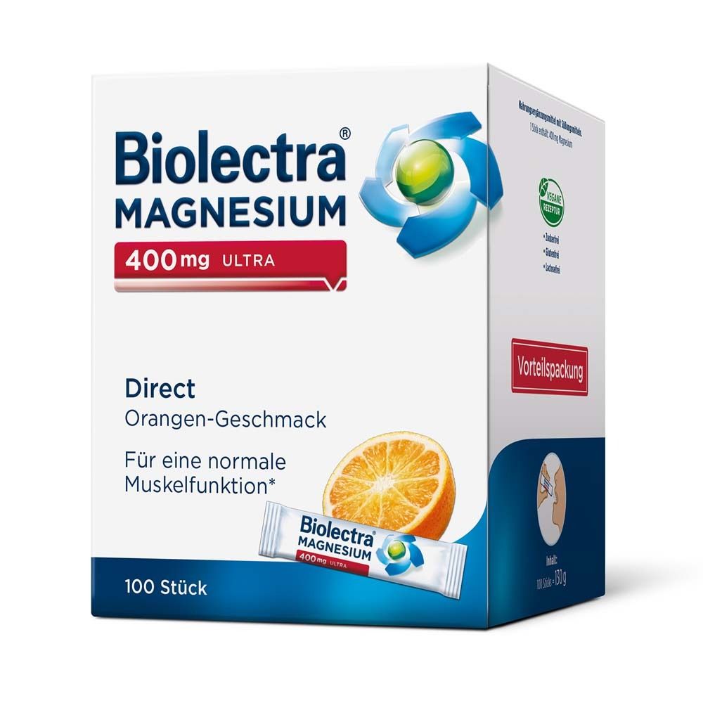 Biolectra Magnesium 400 mg Ultra Direct. Verpackung mit 100 Sticks. Orangen-Geschmack. Für Muskeln. Mit Siegel.
