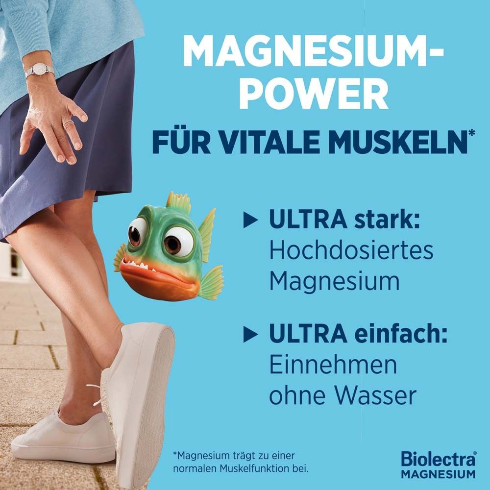 Magnesium-Power für vitale Muskeln. Text und Fisch-Illustration. Ultra starkes Magnesium. Ultra einfach ohne Wasser.
