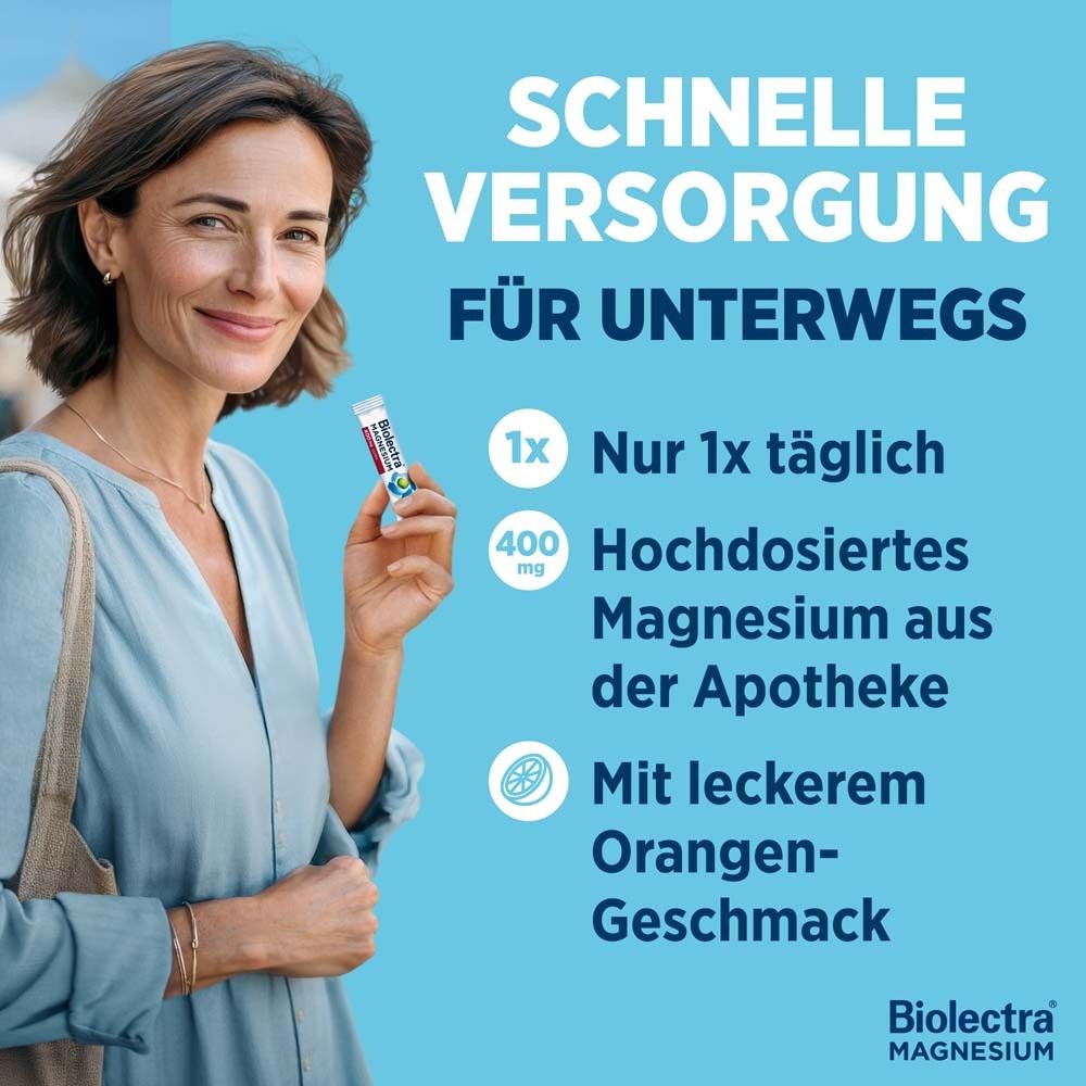 Schnelle Versorgung für unterwegs. Frau hält Stick. 1x täglich. 400 mg Magnesium aus der Apotheke. Orangen-Geschmack.