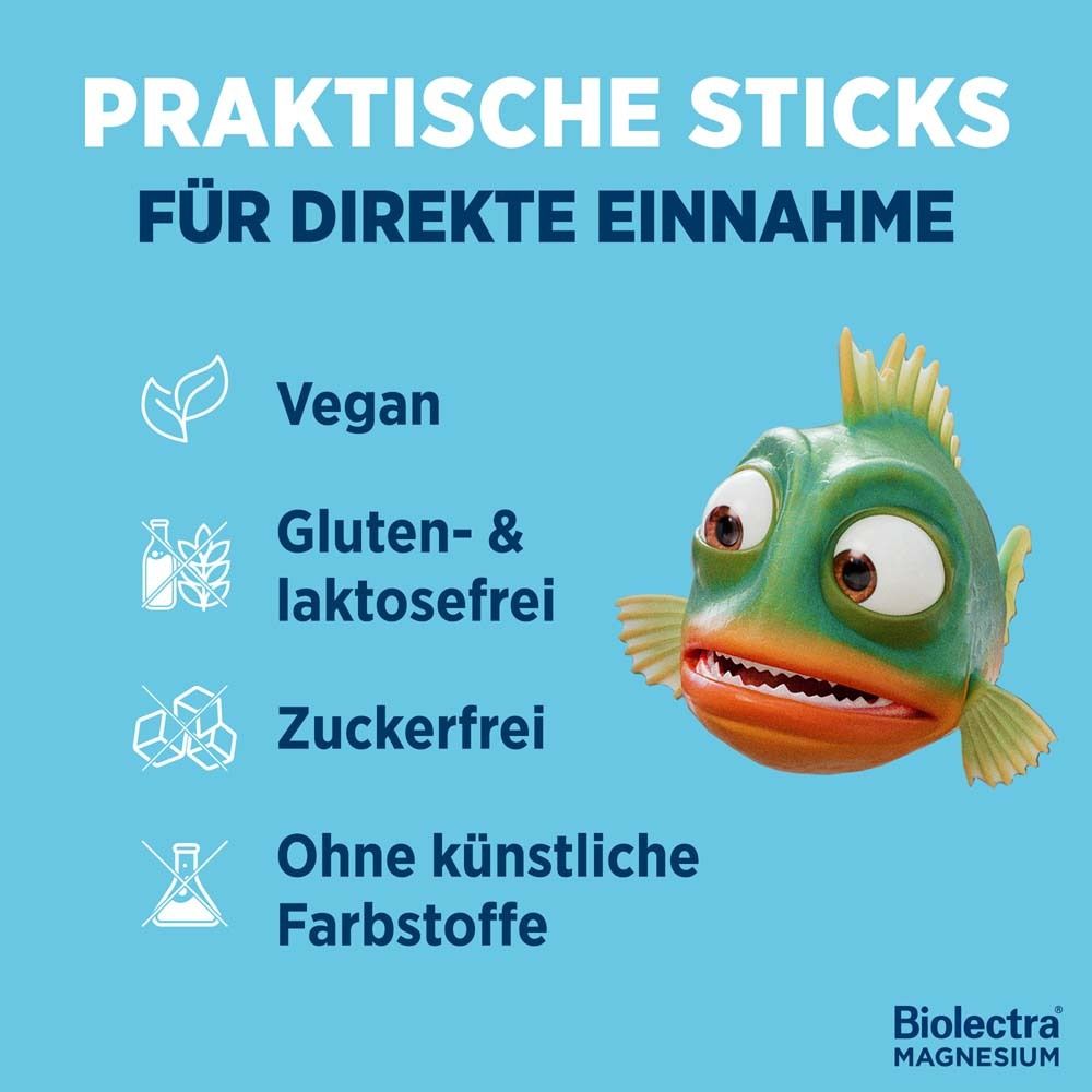 Praktische Sticks für direkte Einnahme. Vegan, gluten- & laktosefrei, zuckerfrei, ohne künstliche Farbstoffe. Fisch-Illustration.