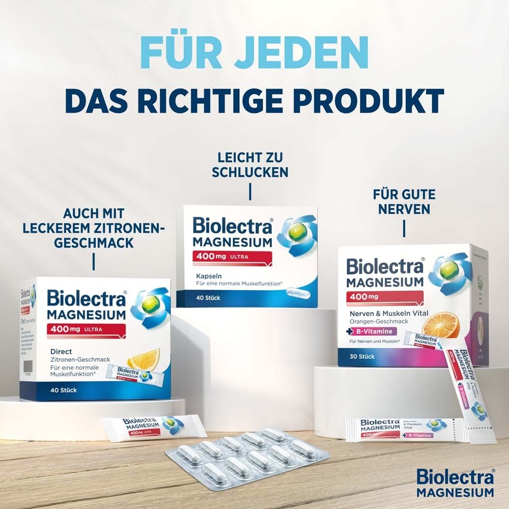 Für jeden das richtige Produkt. Verschiedene Biolectra Magnesium Produkte. Kapseln, Sticks, Tabletten.