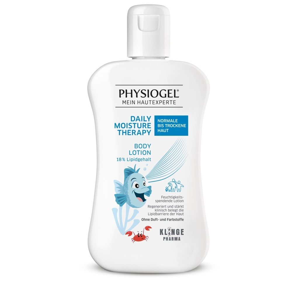 Weiße Flasche PHYSIOGEL® Body Lotion mit blauem Etikett und Fisch-Illustration. 18% Lipidgehalt.