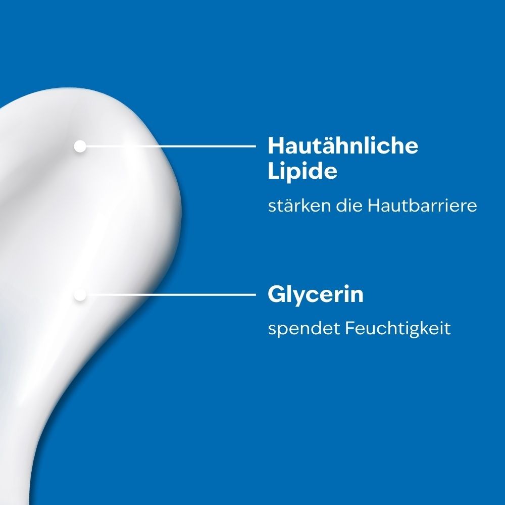 Nahaufnahme einer weißen Lotion mit Linien, die auf hautähnliche Lipide und Glycerin hinweisen.