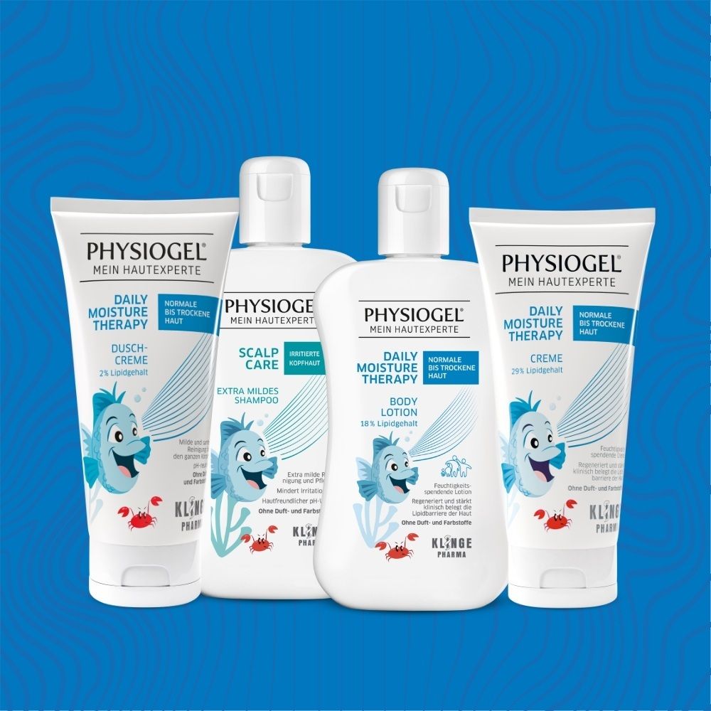 Vier PHYSIOGEL® Produkte: Dusch-Creme, Shampoo, Body Lotion und Creme für Babys und Kinder.