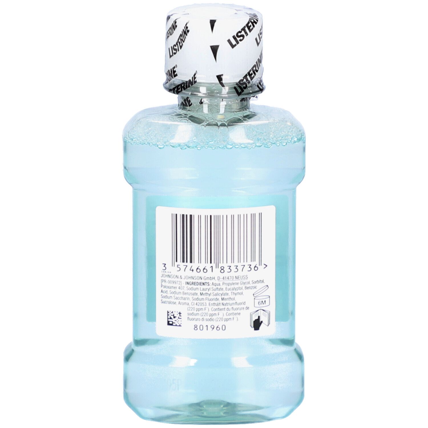 Rückseite einer Flasche mit blauem Inhalt. Barcode und Text. Aufschrift: LISTERINE. Mit weißem Schraubverschluss.
